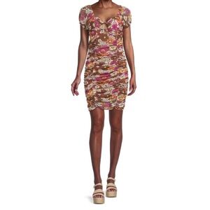 Madden NYC Floral Ruched Mini Dress in Pink and Brown